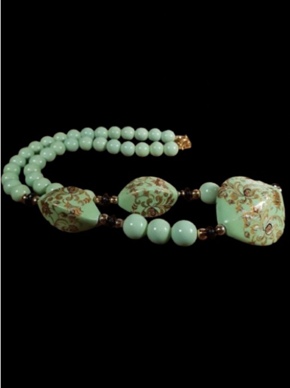 Vintage 70s Beaded
Necklace 19" Mint Green Floral Bead Hand Painted Bohemian
